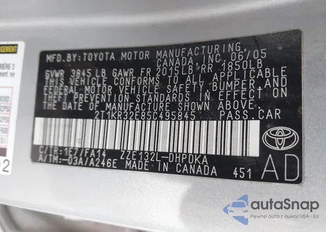 2005 Toyota Matrix z USA, uszkodzony, nr VIN 2T1KR32E85C495845